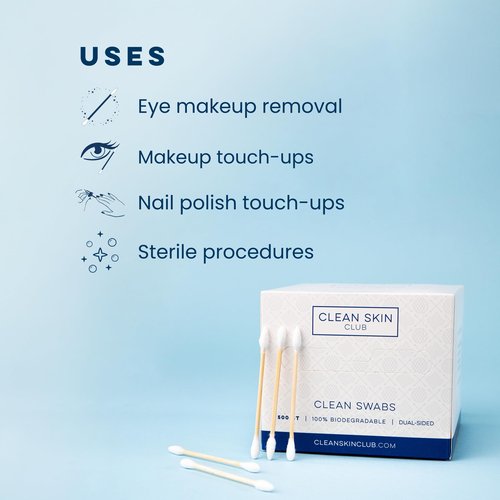 Clean Skin Club Clean Swabs, 2 Pack, 1000 Total Count, One Pointed Tip, Biodegradable + Organic Cotton & Bamboo, Makeup & Nail Polish EyelinerTouch-ups, Ear Cleaning QTips, Sterile, Hypoallergenic