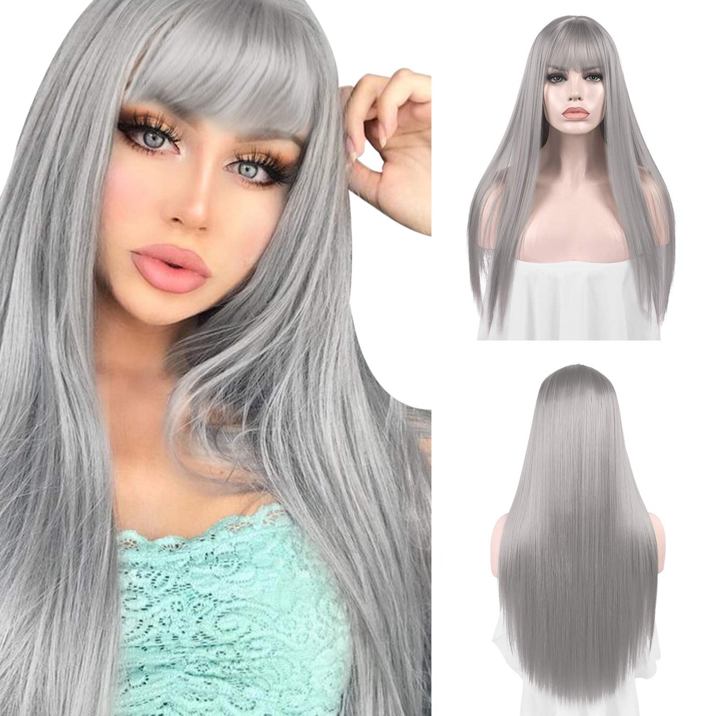 SOFEIYAN 26 inches Long Straight Wig with Bangs Silver Gray Synthetic Hair Replacement Wigs Heat Resistant Full Wig for Women Girls