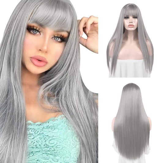 SOFEIYAN 26 inches Long Straight Wig with Bangs Silver Gray Synthetic Hair Replacement Wigs Heat Resistant Full Wig for Women Girls
