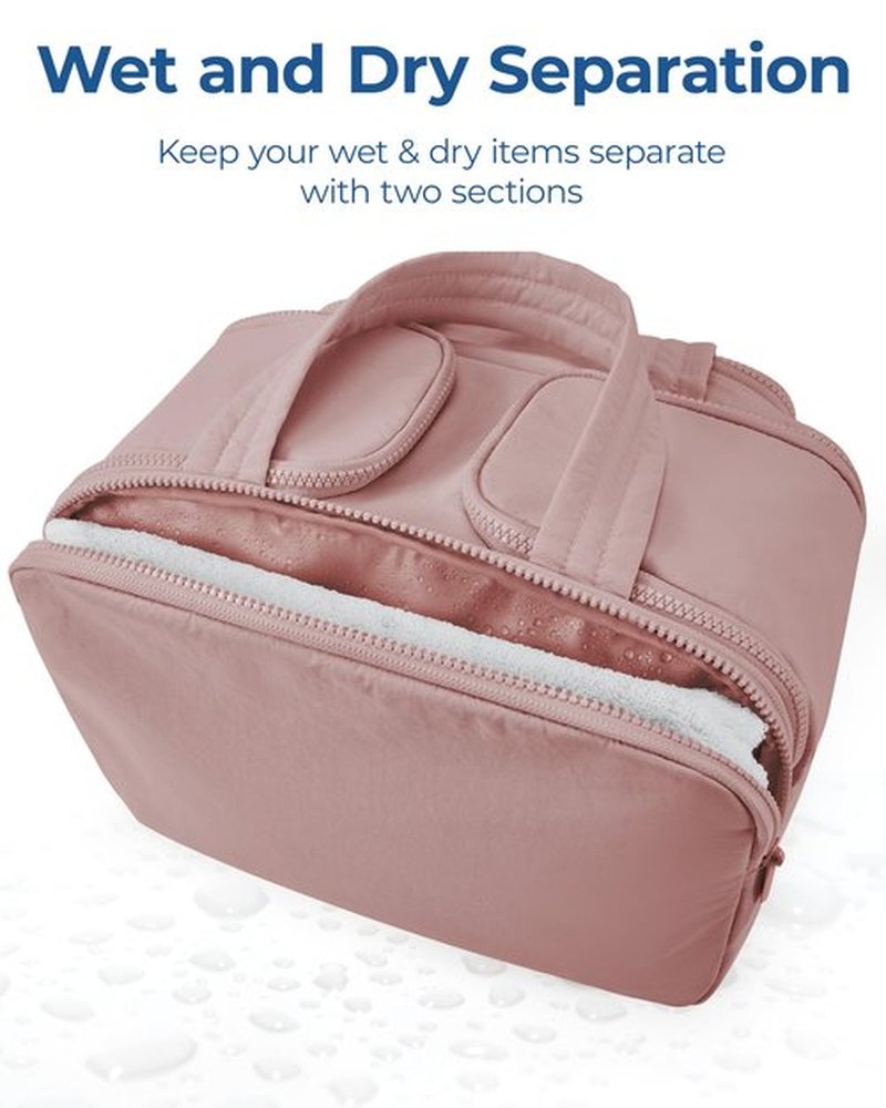 BAGSMART Travel Toiletry Bag, Lightweight Large Wide-open Travel Bag for Women, Puffy Cosmetic Makeup Bag Organizer with Handle for Accessories,Essentials, Toiletries, Dark Pink