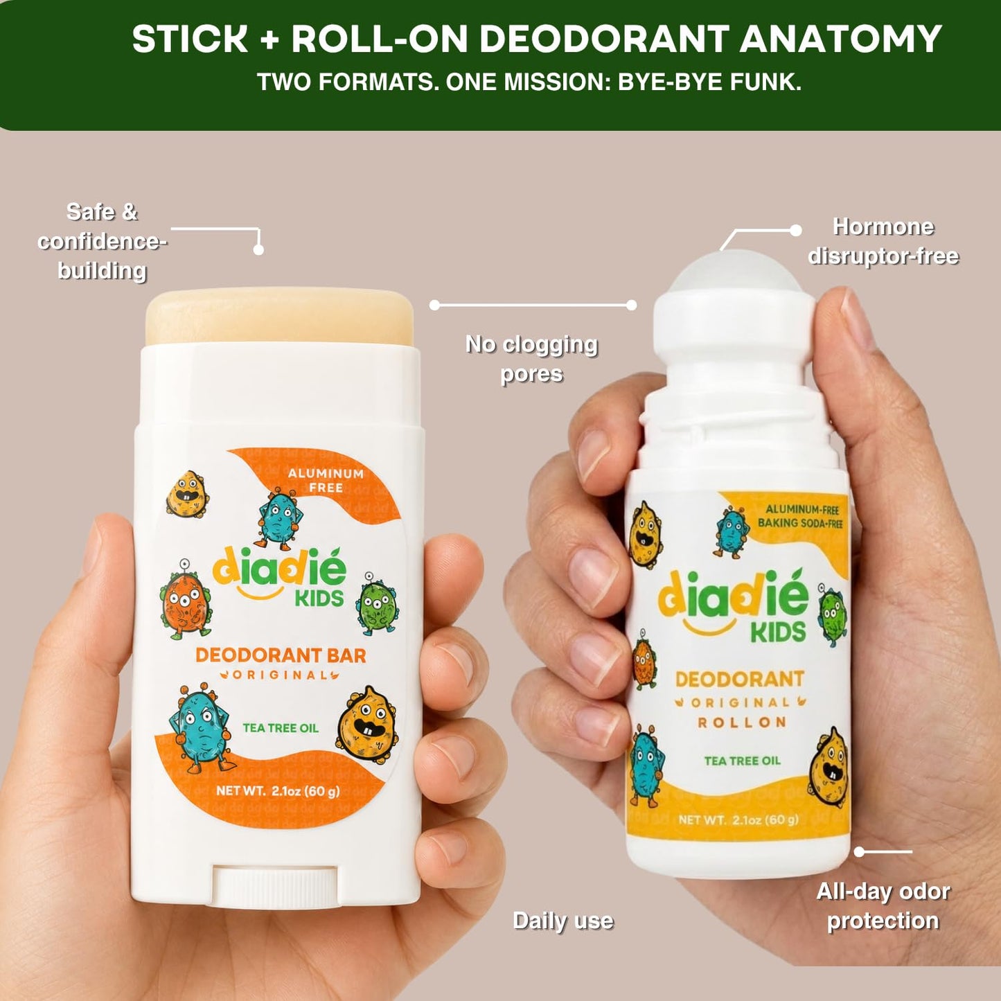 DIADIÉ Kids Natural Deodorant Mix, for Kids, Boys or Girls and Teens, stink free, Aluminum-Free, Paraben-Free, stick & rollon, 2.1oz each, 2 Pack