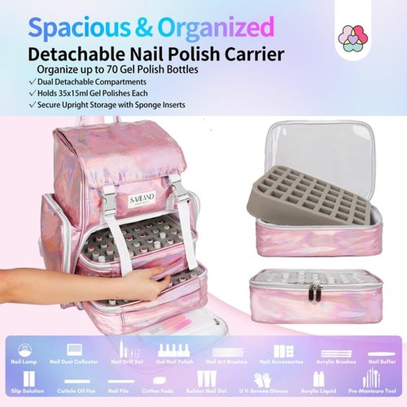 SAVILAND Nail Polish Organizer Bag: PU Leather Nail Kit Organizer Holds 70 Bottles (15ml-0.5 fl.oz) and Nail Lamp, Portable Nail Polish Storage Carrying Case Nail Organizers and Storage for Nail Tech