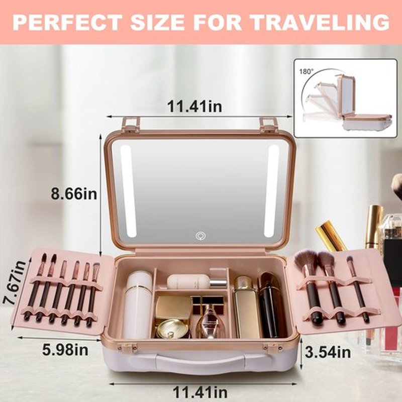 Mocado Travel Makeup Case with Lighted Mirror, Makeup Box with 8 Makeup Brushes and 10x Magnifying Mirror,Cosmetic Case Adjustable Brightness Makeup Train Case with Makeup Brushes Divider(White)