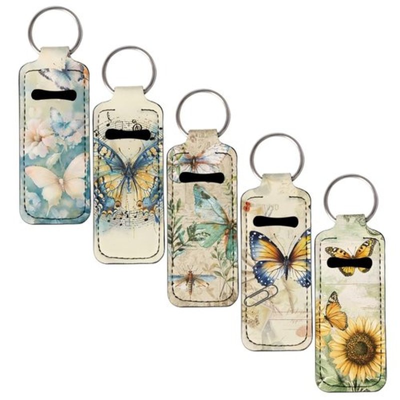 SEANATIVE Butterfly 5 PCS Lipstick Holder Keychain Chapstick Case Keychain Lip Balm Portable Sleeve Organizer Holder Cute Mini Keychain Chapstick Holder for Women