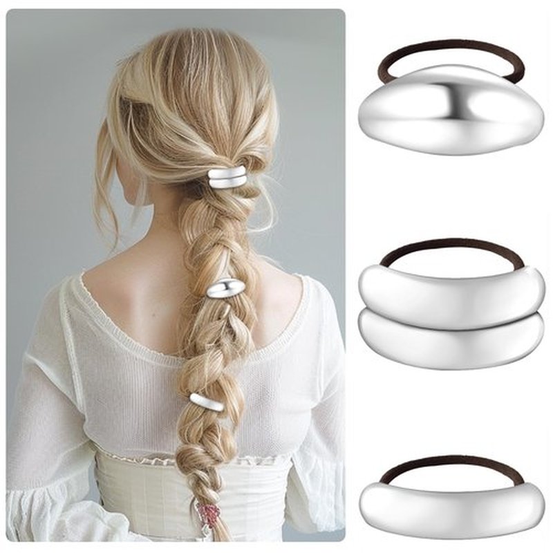 Silver Hair Cuffs 3PCS Silver Ponytail Cuff Hair Tie for Women Metal Hair Cuff Wrap for Thick Hair Cute Geometric Hair Accessories