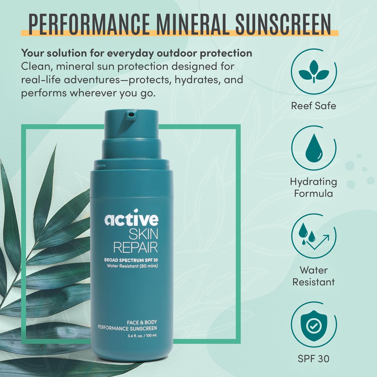 Active Skin Repair SPF 30 Performance Water-Resistant Sunscreen for Face & Body, Reef-Safe and EWG Verified, Hydrating Broad Spectrum Sunscreen Body Lotion, 3.4 fl oz