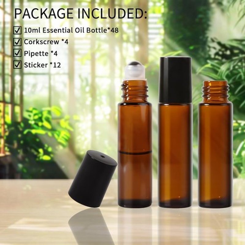 StellaCare Roller Bottles for Essential Oils,10ml Empty Glass Perfume Bottles with Stainless Steel Roller Balls, Opener,Droppers,Labels,48 pack Roll on Bottles