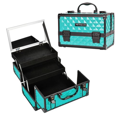 VETALLO Travel Makeup Box, Lockable Makeup Box Organizer I Makeup Train Case I Makeup Case Organizer I Makeup Box with Mirror I Large Makeup Organizer I Gifts For Her Women Bestie I Blue