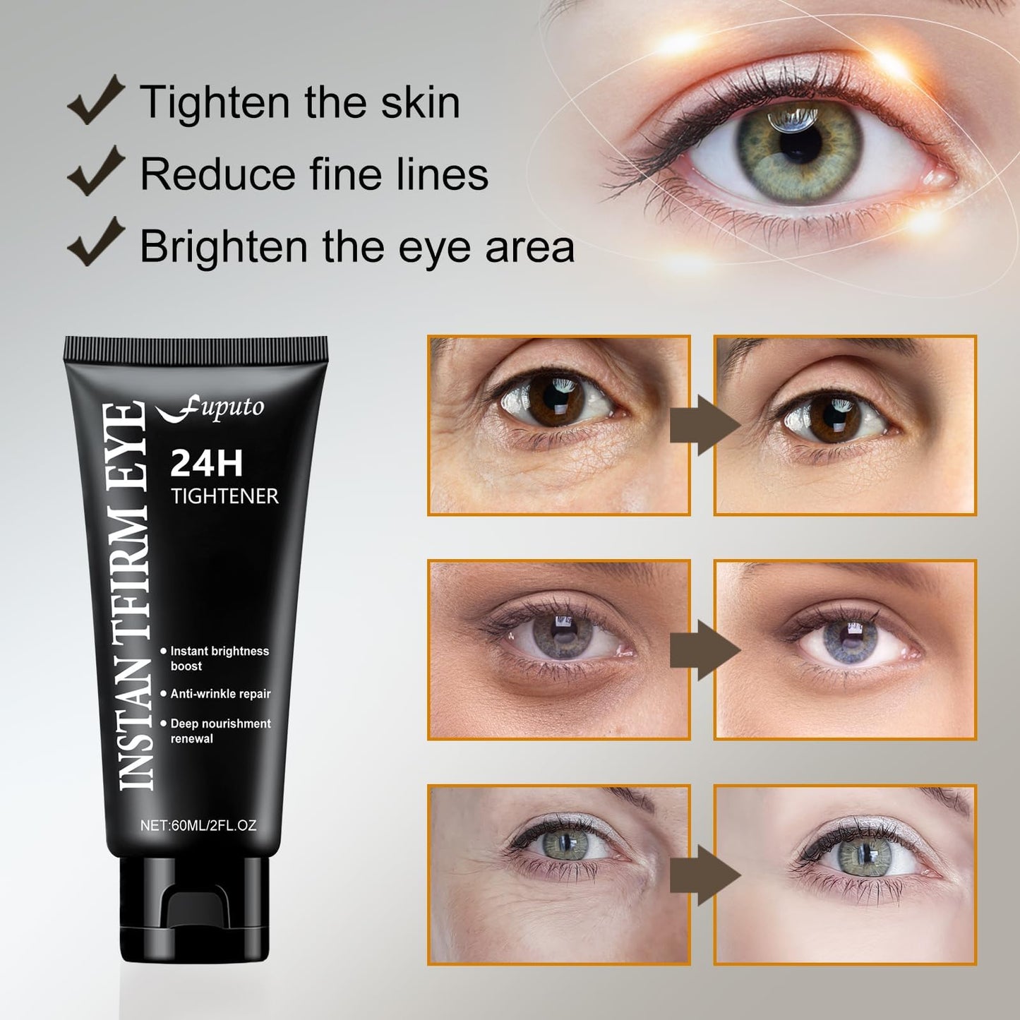 Instant Eye Tightener Cream, 60ML Instant Firm Temporary Eye Tightener for Reduces Dark Circles, Puffiness, Fine Lines, Upgraded Formula for Women, Fast-Absorbing & Moisture Lock（1Pcs
