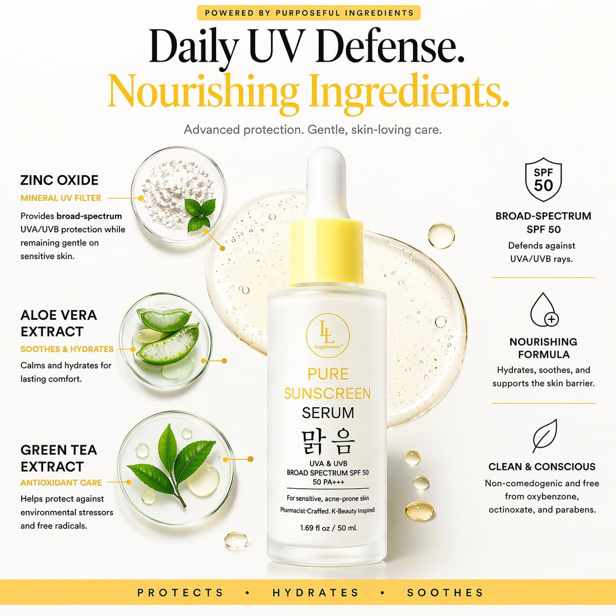 Pure Sunshine Serum SPF 50 | Pharmacist-Formulated Hydrating Face Sunscreen & Primer | Niacinamide Hyaluronic Acid + Vitamin B5 | Invisible Broad Spectrum UV Defense for Oily Sensitive Skin | 1.7 oz