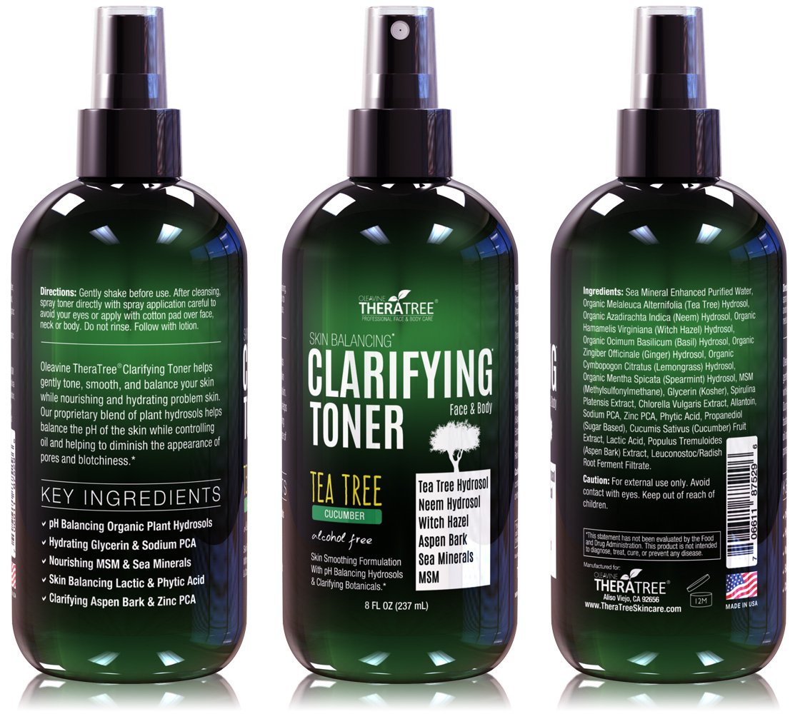 Oleavine TheraTree Clarifying Toner with MSM, Tea Tree & Neem Hydrosol - Alcohol-Free Complexion Control for Face & Body - Reduces Appearance of Pores & Controls Oil - 8 Fl Oz