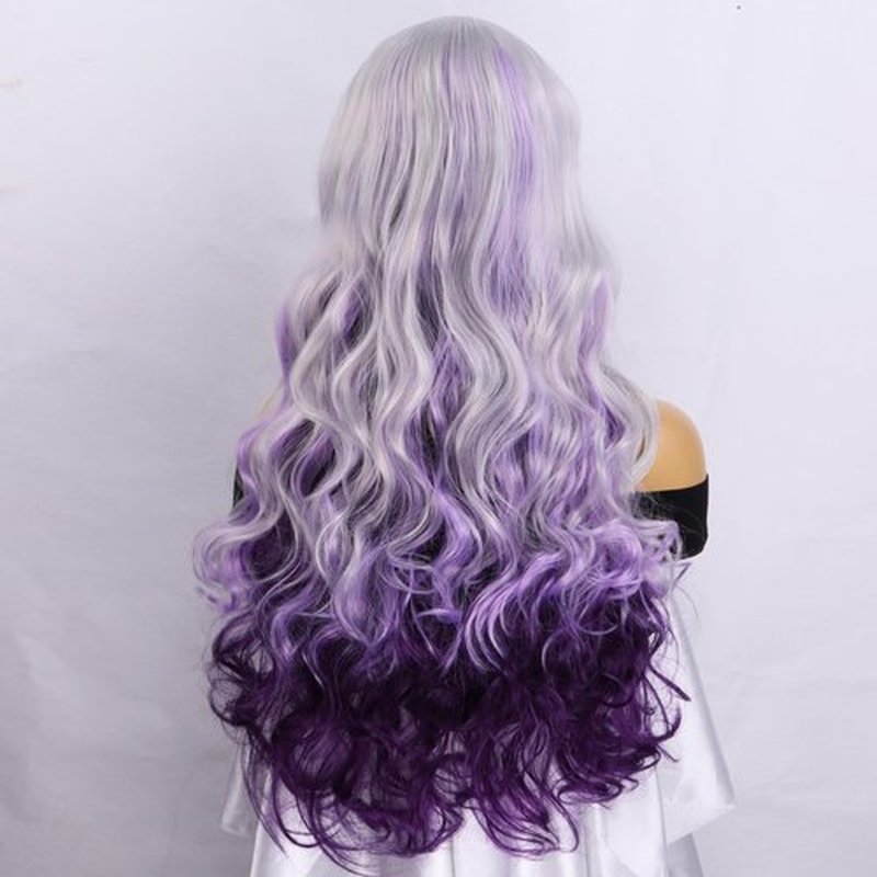 RightOn Silver Grey to Purple Wig Long Curly Wig Silver Mix Purple Wigs Long Wavy Wig Natural Looking Synthetic Wig Cosplay Wig for Women Wig Cap Include