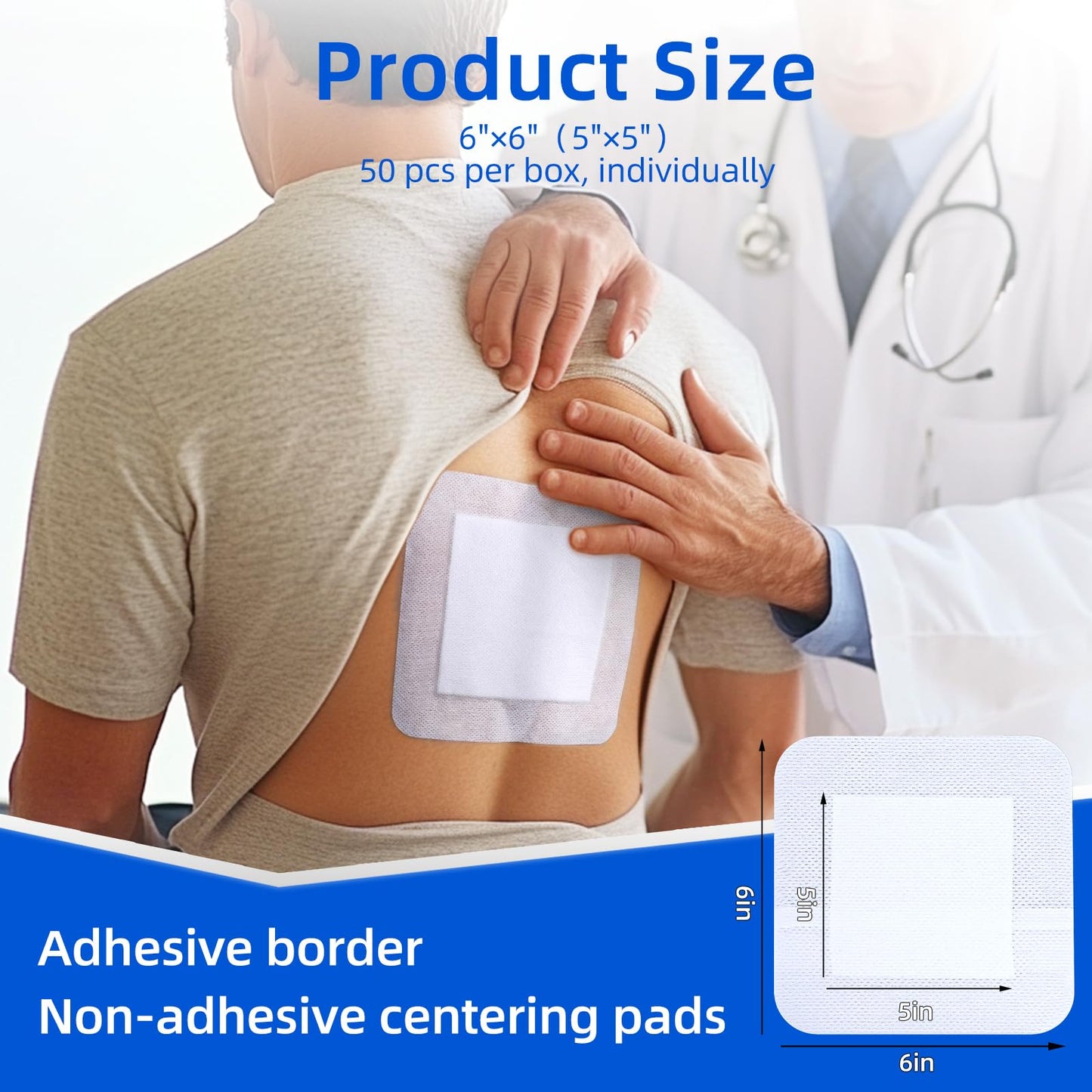 Niceful 50Pcs Adhesive Gauze Island Dressing 6"x6", Water-Resistant Wound Dressing, Sterile & Absorbent Medical Grade Dressing Pad First Aid Dressing Pads