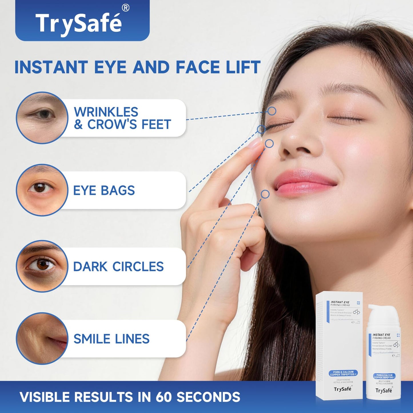 TrySafe 1.06oz PDRN & Calcium & Copper Peptides Temporary Eye Tightener - Reduce Eye Bags, Puffy Eyes, Dark Circles & Firm Wrinkle, Smile Line Instantly* | Hyaluronic, Collagen, Kojic, Caffeine
