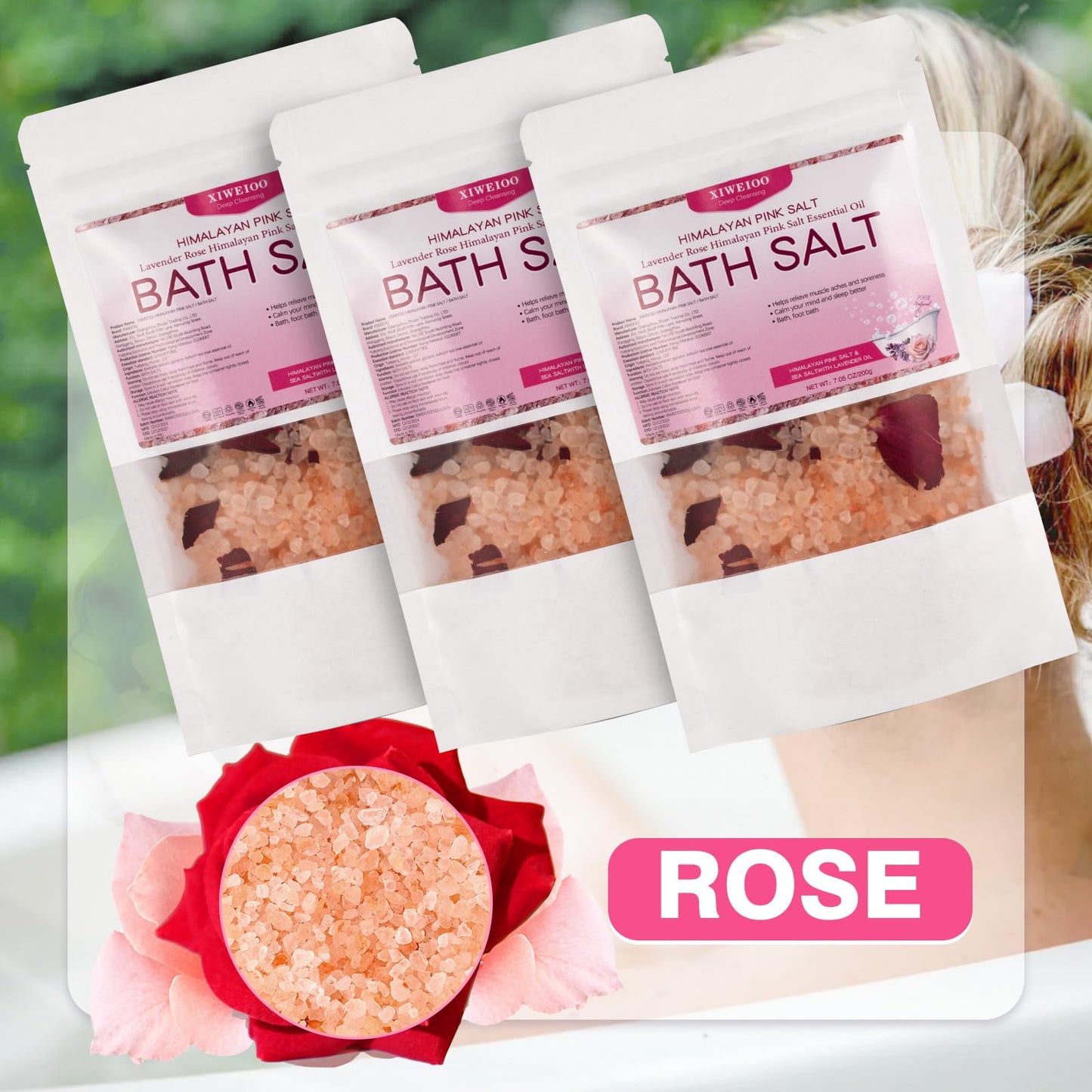 XIWEIOO Bath Salts KIT Pack of 3 Natural Epsom Salt Rose Essential Oils Relaxes and Better Sleep Himalayan Pink Salt Foot Soak Tea Tree Oil Himalayan Foot Bath Salts Set