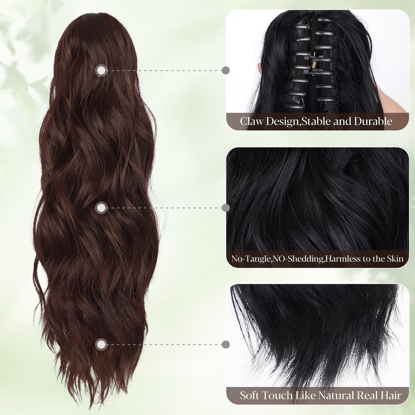 ALXNAN Ponytail Extension,16 Inch Claw Ponytail Hair Extensions for Women，Claw Clip in Long Wavy Synthetic Chestnut Brown Ponytail Extension for Daily Use.
