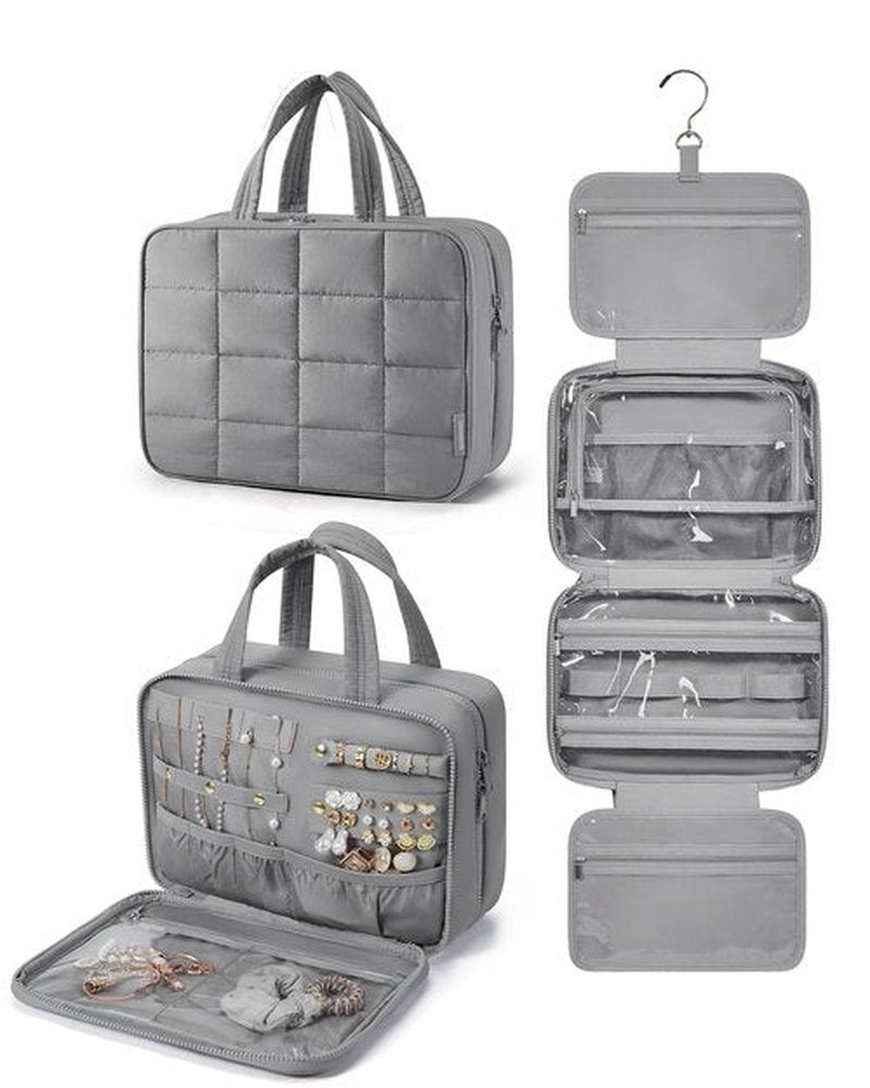 BAGSMART Travel Toiletry Bag with Jewelry Organizer, Hanging Travel Bag for Toiletries, Puffy Makeup Cosmetic Bag Organizer, Carry-on Travel Accessories Essentials, Grey-M