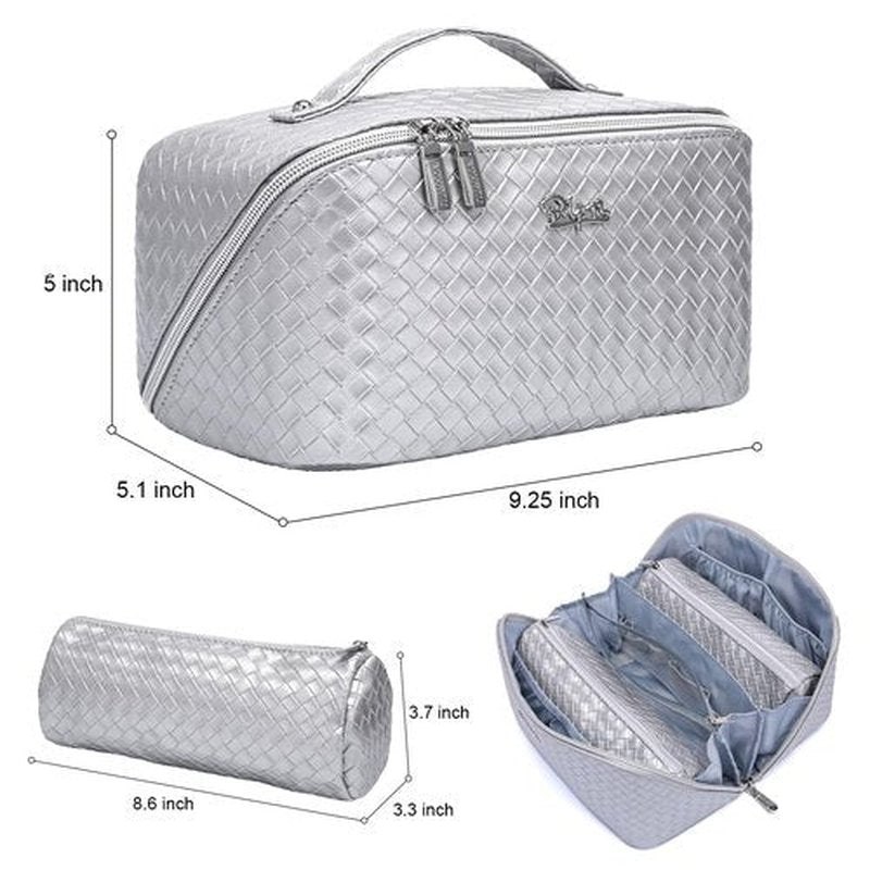 Travel Makeup Bags Cosmetic Organizer Bag: Large Capacity Make up Bag Set of 3 - Vegan Leather Toiletry Bag for Women - Portable Makeup Organizer with Compartments & Handle & Divider (1 Silver)