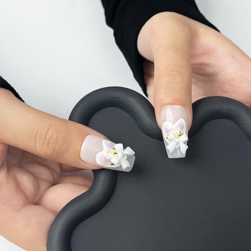 Wsiliana Almond Handmade Press on Nails Short Medium Acrylic Fake Nails Tips With Jelly Glue Flower Finish Nail 10Pcs (015-S)