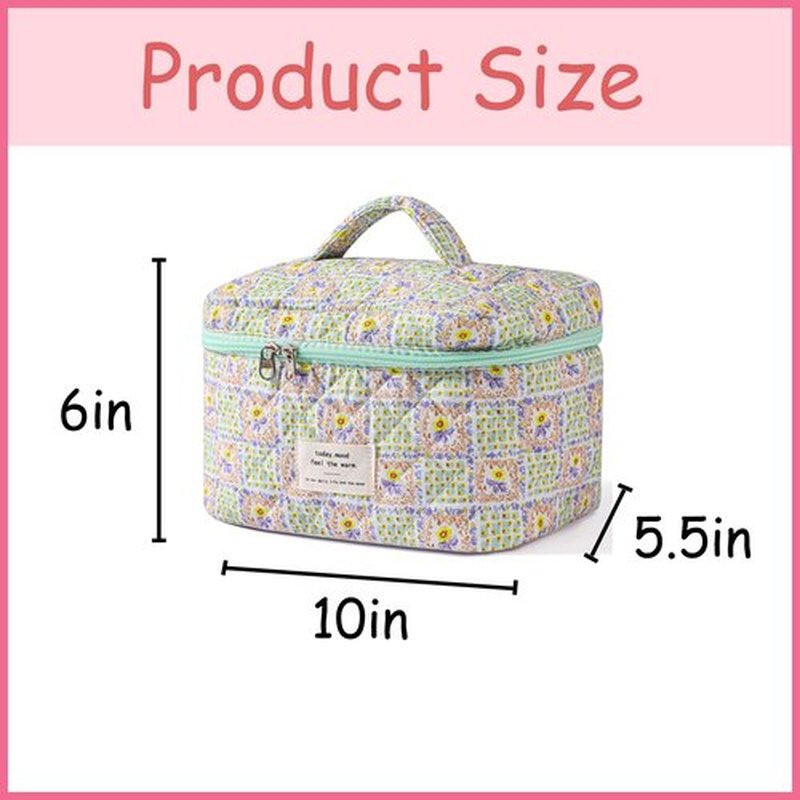 uekeboag Large Travel Quilted Makeup Bag for Women, Floral Cotton Cosmetic Bag, Coquette Aesthetic Floral Toiletry Organizer Bag (04Yellow-Flower)