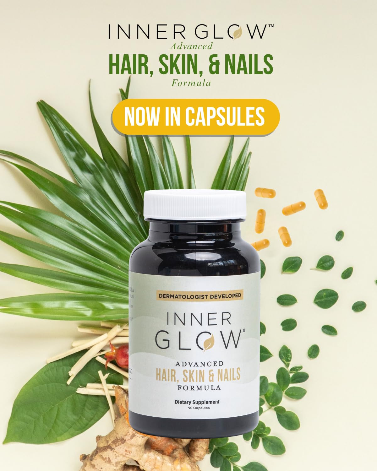 Inner Glow Advanced Hair, Skin & Nails Vitamins – Doctor-Developed Hair Supplement with Biotin, Collagen Peptides, Vitamin D & B12 – Clinically Tested 12-Week Results, Made in USA, Non-GMO