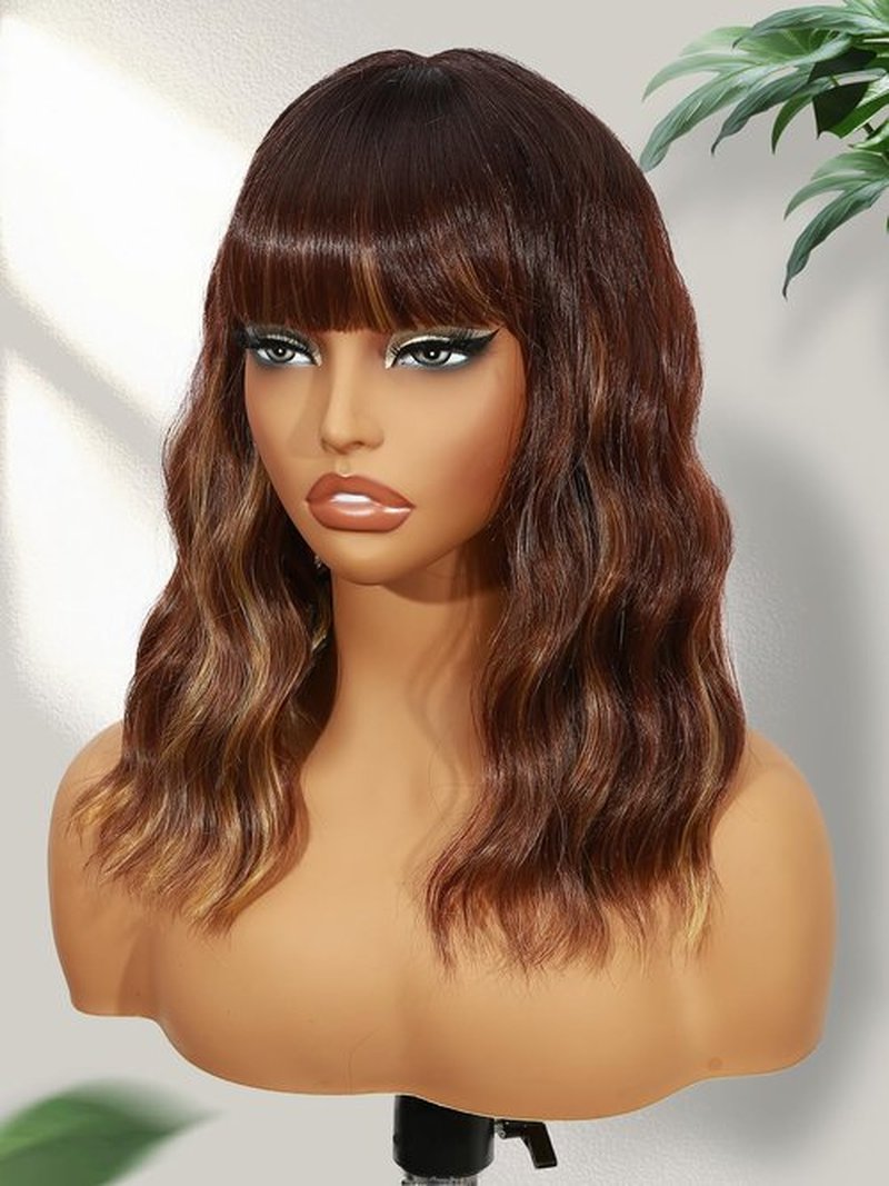 Fancy Hair Brown Highlight Wavy Bob Wig Short Wavy Wig with Bangs Glueless Wear and Go Wig Synthetic Brown Mixed Blonde Shoulder Length Bob for Women Daily Party Use 14inch
