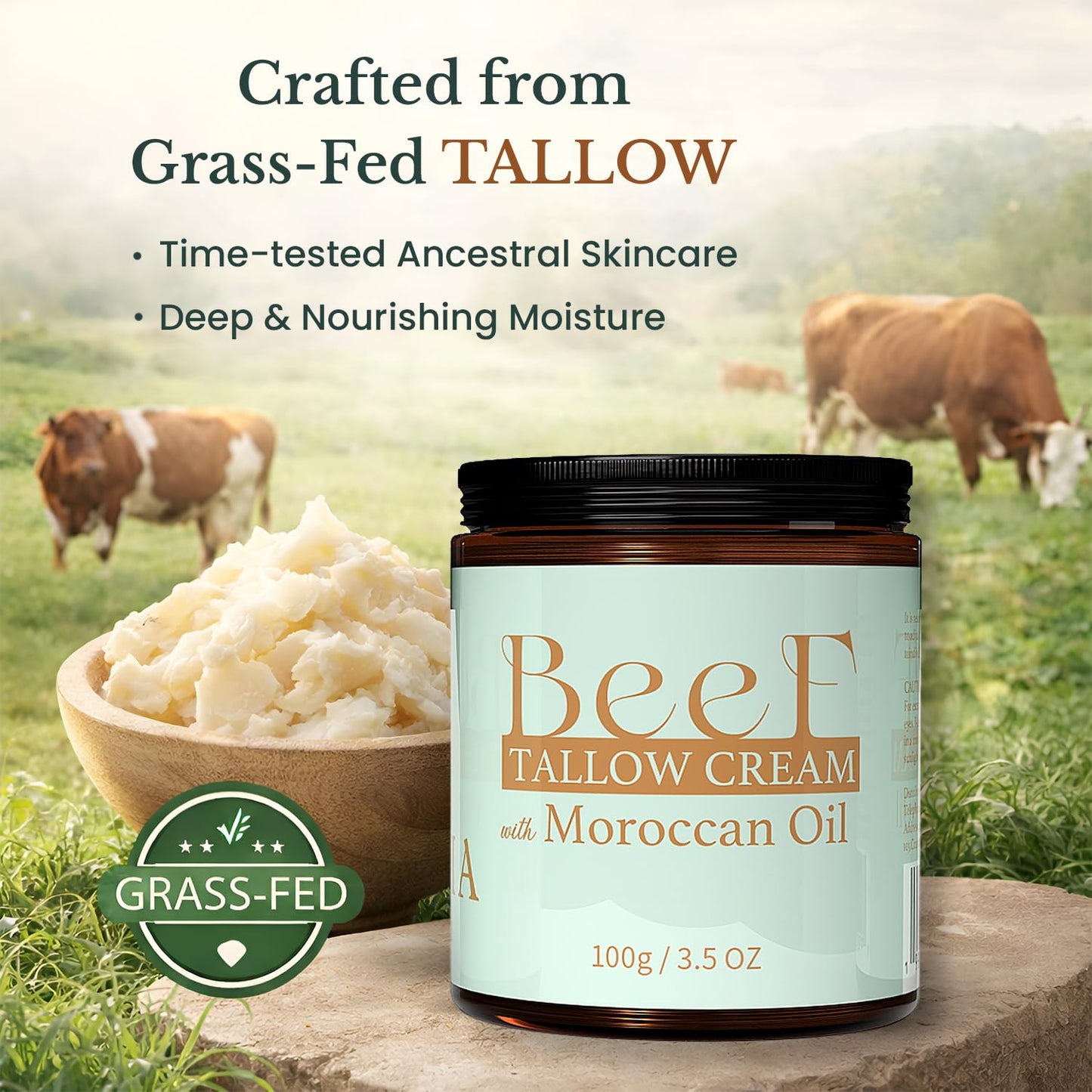 Beef Tallow for Skin - Organic Grass Fed Beef Tallow Balm, Whipped Beef Tallow for Face & Body, Moisturizer for Dry Skin, Shea Butter with Moroccan Oil (3.5 oz)