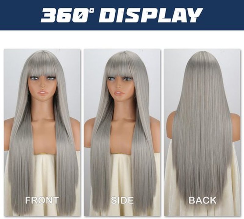 MISSQUEEN Silver Grey Wig with Bangs For Women Long Straight Wigs 30inch Synthetic Natural Look Heat Resistant Wigs for Daily Party Cosplay Travel Used