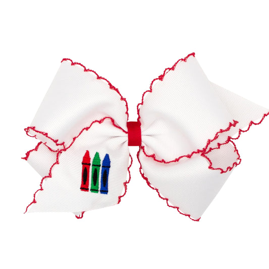 Wee Ones Girls Grosgrain Hair Bow with Red Moonstitch Edge and Crayon Embroidery on a WeeStay Clip with Plain Wrap, King, Crayons Red