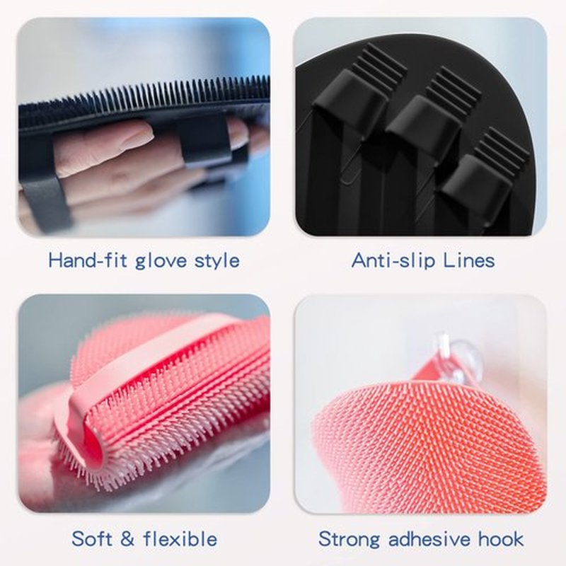 Manmihealth Silicone Hair Scalp Massager & Soft Bath Glove Set 2 PCS, Extra-large Shampoo Scalp Brush with Body & Face Scrubber for All Hair Skin Types with a Free Silicone Strap&Hook Style 1(Black*2)