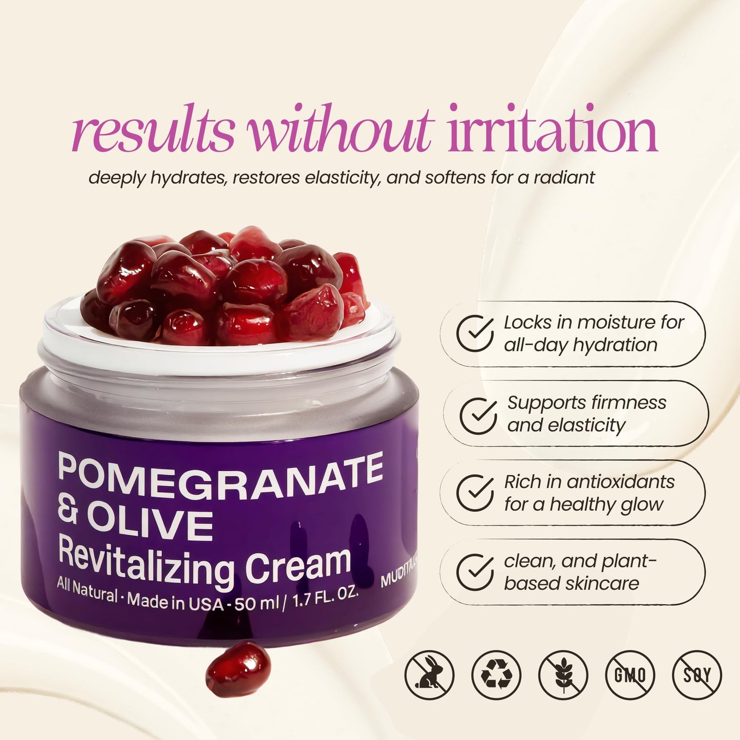 Pomegranate & Olive Revitalizing Face Cream for Wrinkles, Dark Spots & Hyperpigmentation | Lightweight Enzyme Moisturizer for Dry & Sensitive Skin | Vegan | 1.7oz | Mudita Earth