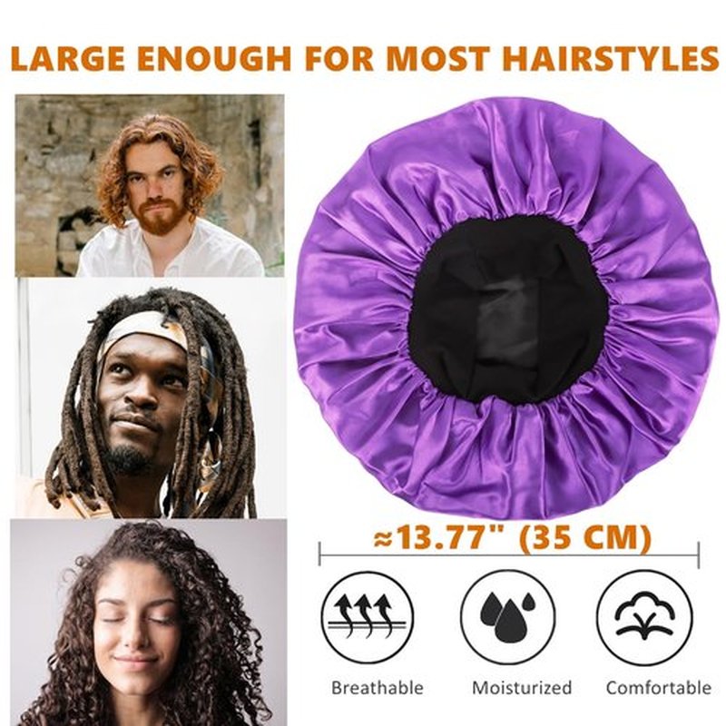 Bonnet for Men,Hair Bonnet for Sleeping,Double Layer Satin Bonnets for Black Women Curly Hair Braids,Reversible Sleep Cap (Large,Black/Purple)