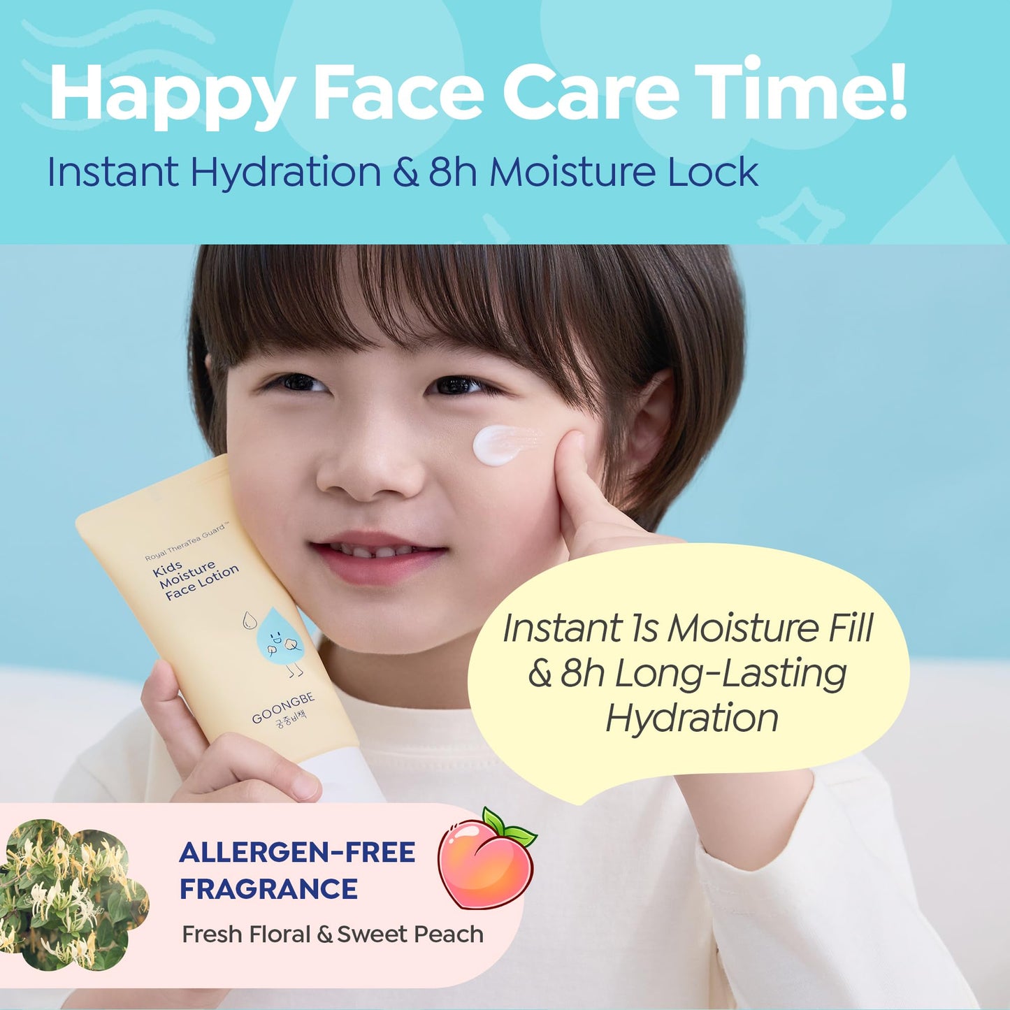 GOONGBE Kids' Moisture Face Lotion - Non-Sticky Quick-Absorb Daily Moisturizer for Sensitive Skin, 8hr Moisturizing Cream with Cica and Allantoin, Barrier-Support Formula, Allergen Free 2.7 fl.oz.