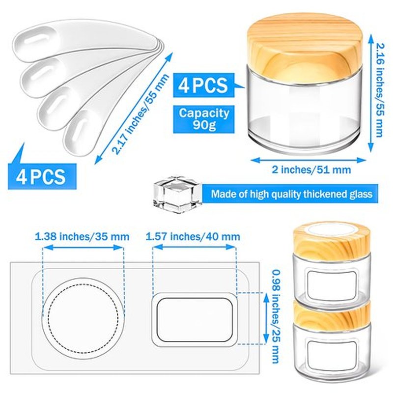MotBach 4 Pack 2oz Glass Jars with Lids 60ml Mini Round Clear Glass Jars with Inner Liners and Spatulas, Travel Size Containers Jars for Toiletries Creams Cosmetic Makeup Sample Lotion (Woodgrain Lid)