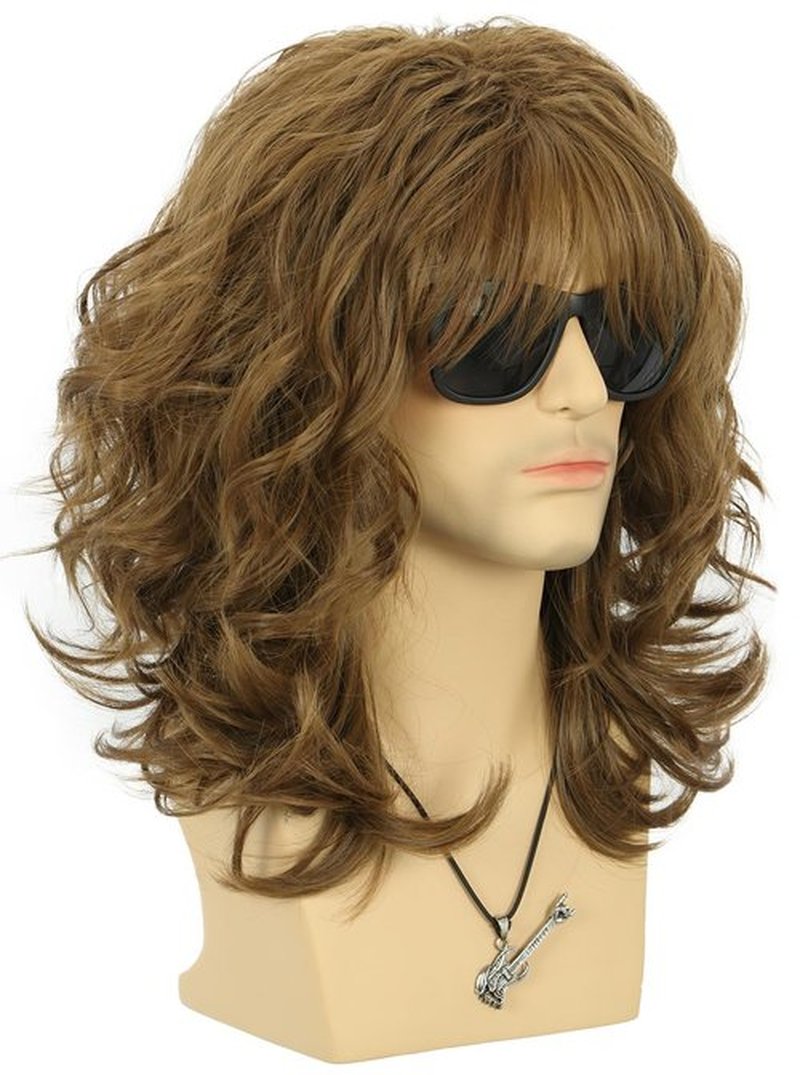 VGbeaty 70s 80s Punk Rocker Party California Wig Men Women Long Wave Brown Halloween Costume Cosplay Wig