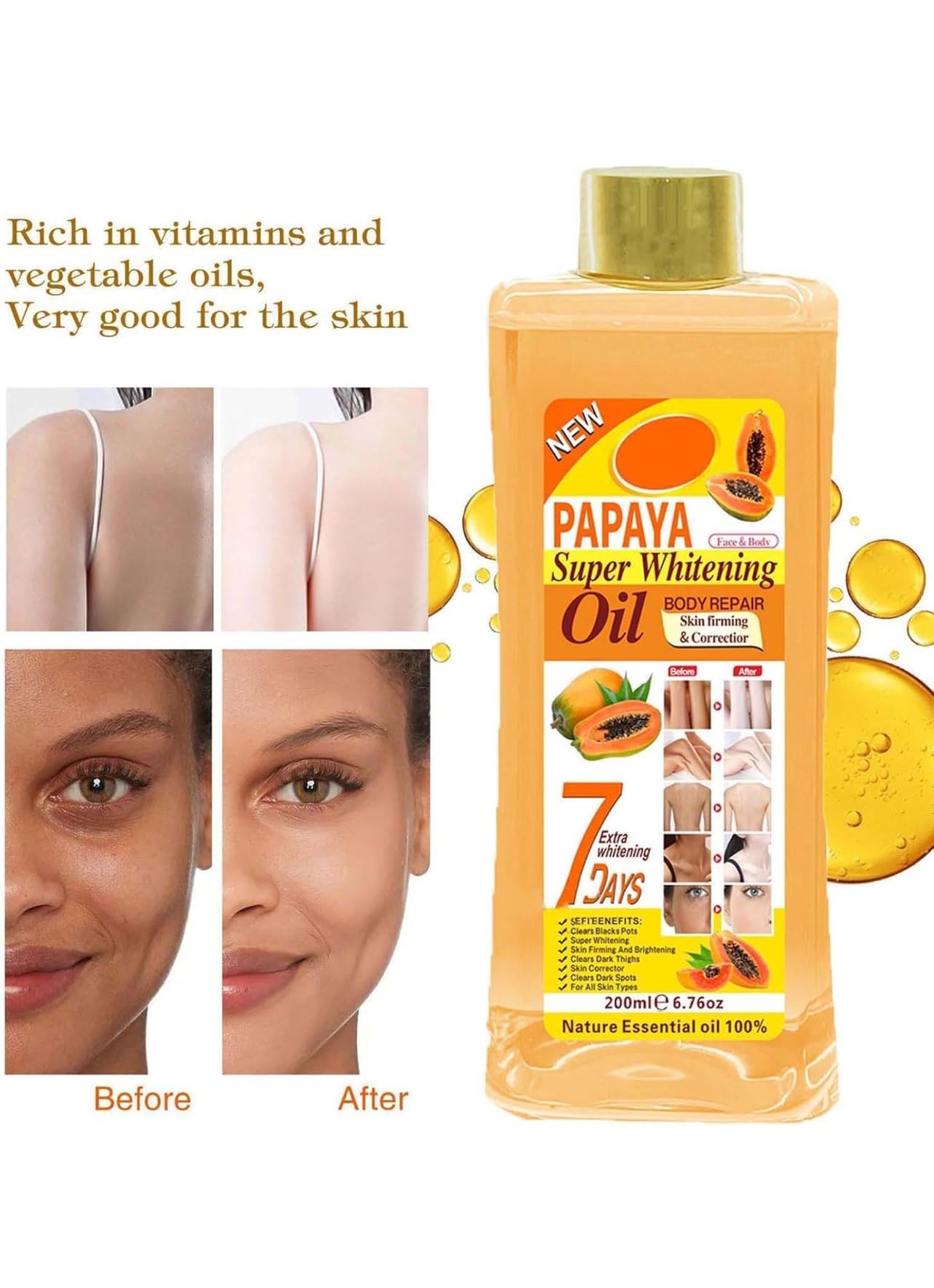 Soft 7 papaya Oil, Natural Moisturizing Oil for Face and Body, All Skin Types 6.7oz /200ml