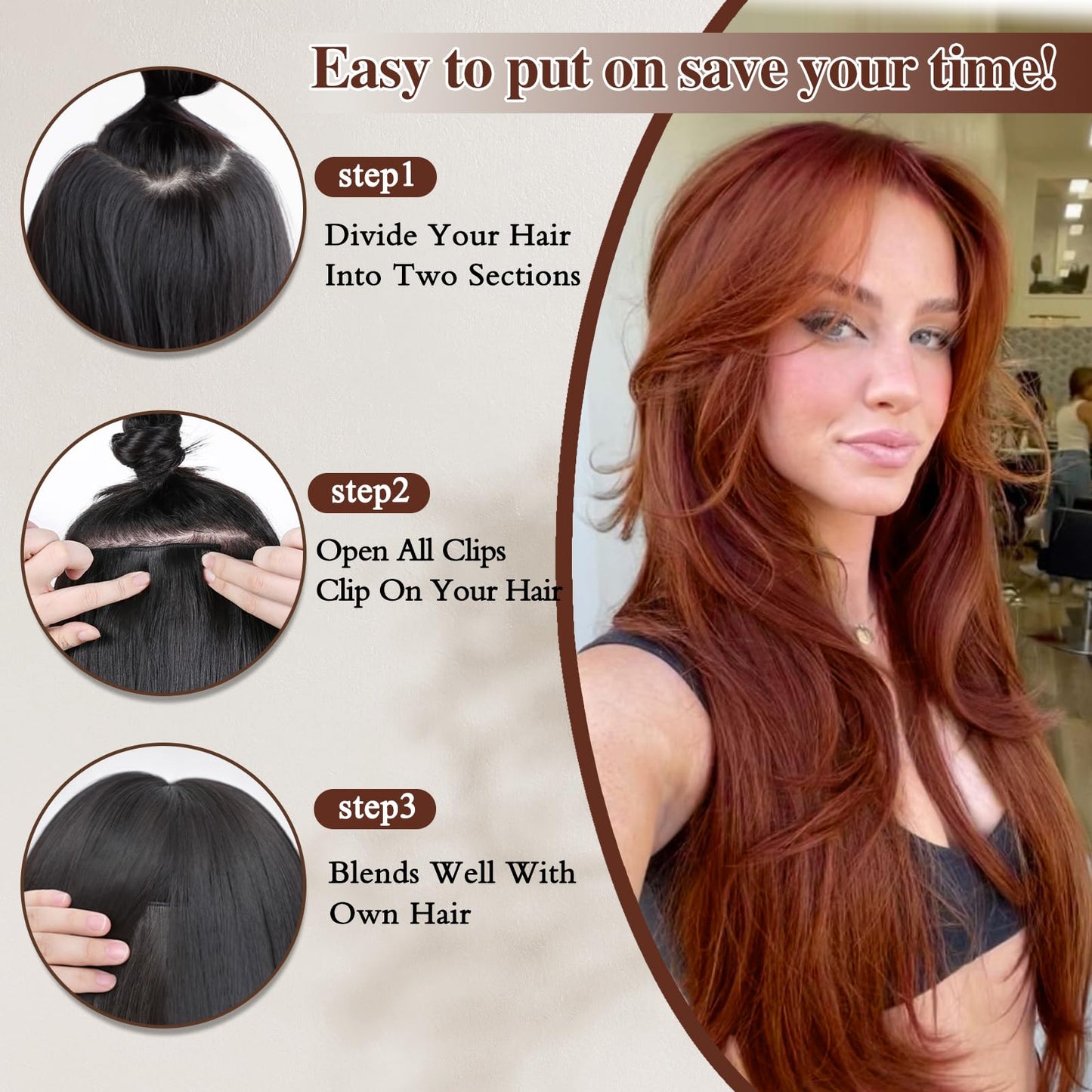 FREEMEIGE Copper Red Hair Extensions Clip in Hair Extensions for Women Straight Layered Hair Extensions Synthetic Clip in Extensions Long Wavy Extension Daily Use 20 Inch