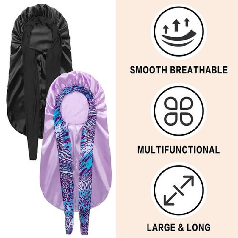 2Pack Bonnets for Black Women Braid Bonnet, Large Long Bonnet Satin Bonnet for Braids,Black Women Silk Bonnet with Stretchy Tie Band Braid Bonnet for Sleeping Extra Long (Black&Light Purple Pattern