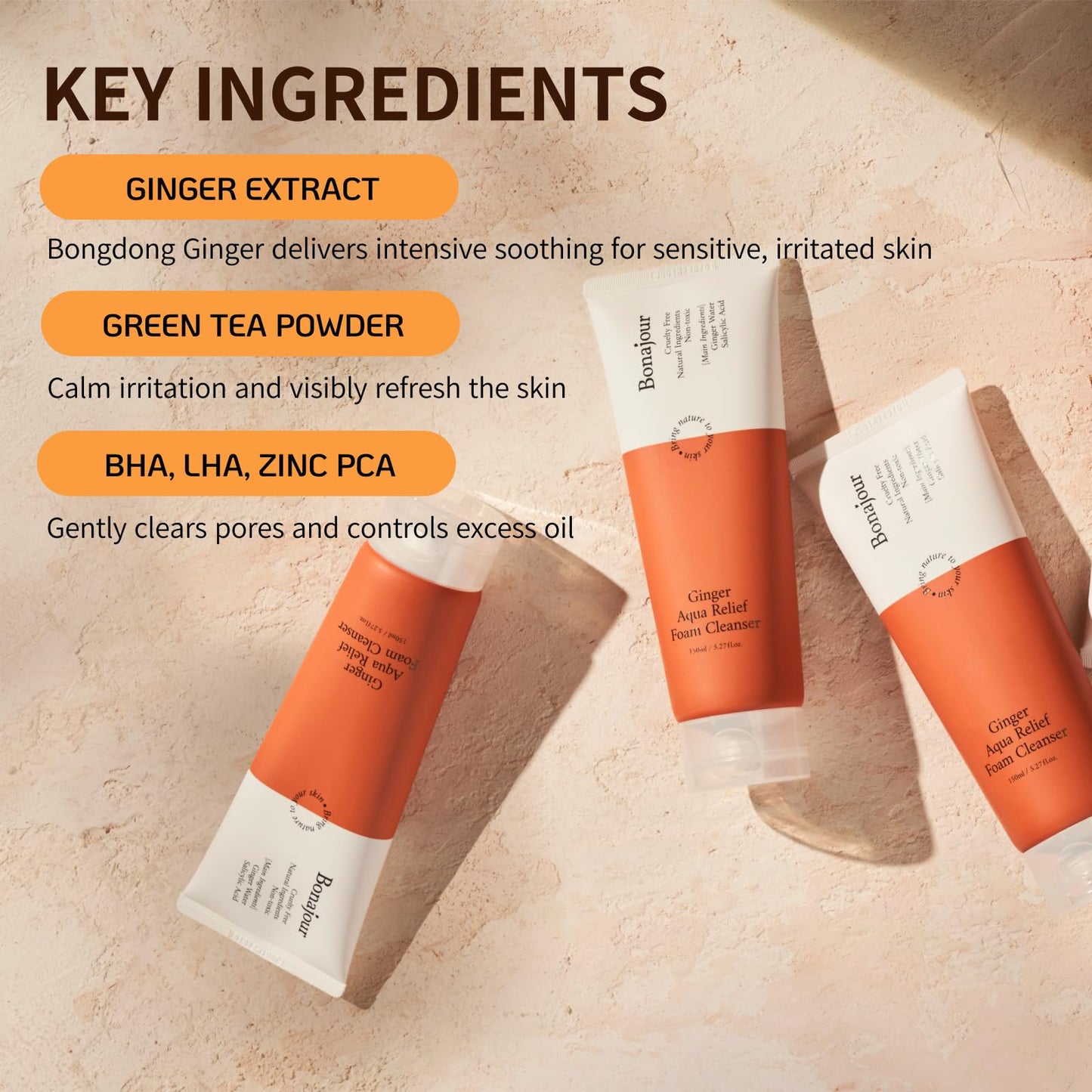 BONAJOUR] Ginger Aqua Relief Foam Cleanser - Acne relief, gentle exfoliation, pore tightening, and skin soothing for sensitive skin