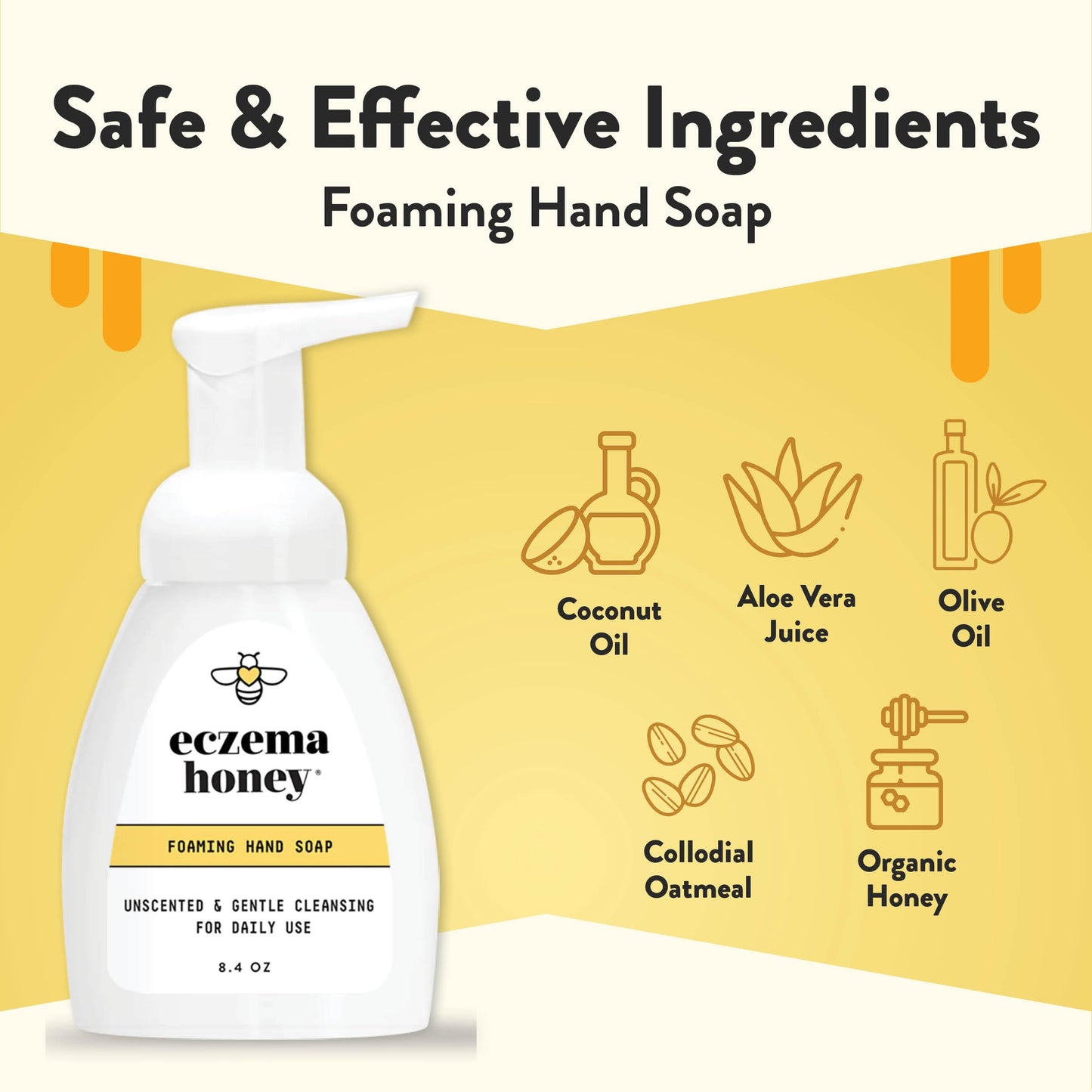 ECZEMA HONEY Gentle Foaming Hand Soap - Gentle Cleanser for Dry Hands - Non-Toxic Unscented Hand Soap - Natural Hand Cleaner for Bathroom & Kitchen - Organic Honey Handwash (16 Oz)