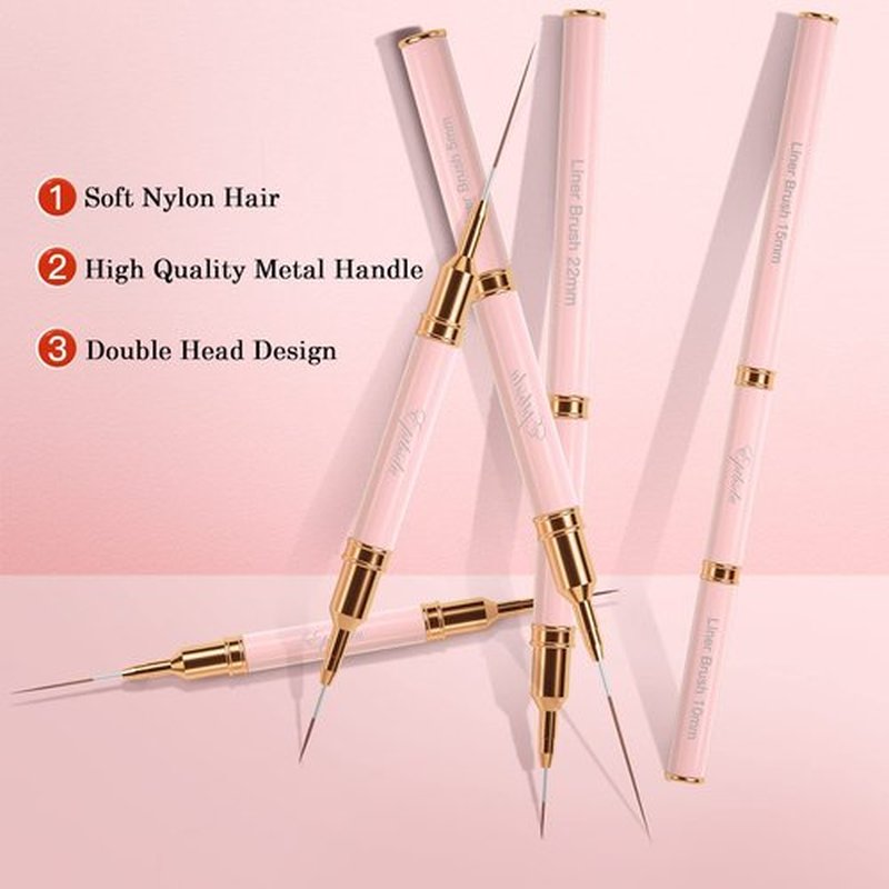 Nail Art Brushes, Double Ended 5PCS Pink Striping Brush Nail Art Liner Brushes Nail Design Brushes for Long Lines, Tiny Details, Nail Brushes for Nail Art, Sizes 5/7/9/10/11/15/20/22/25/30