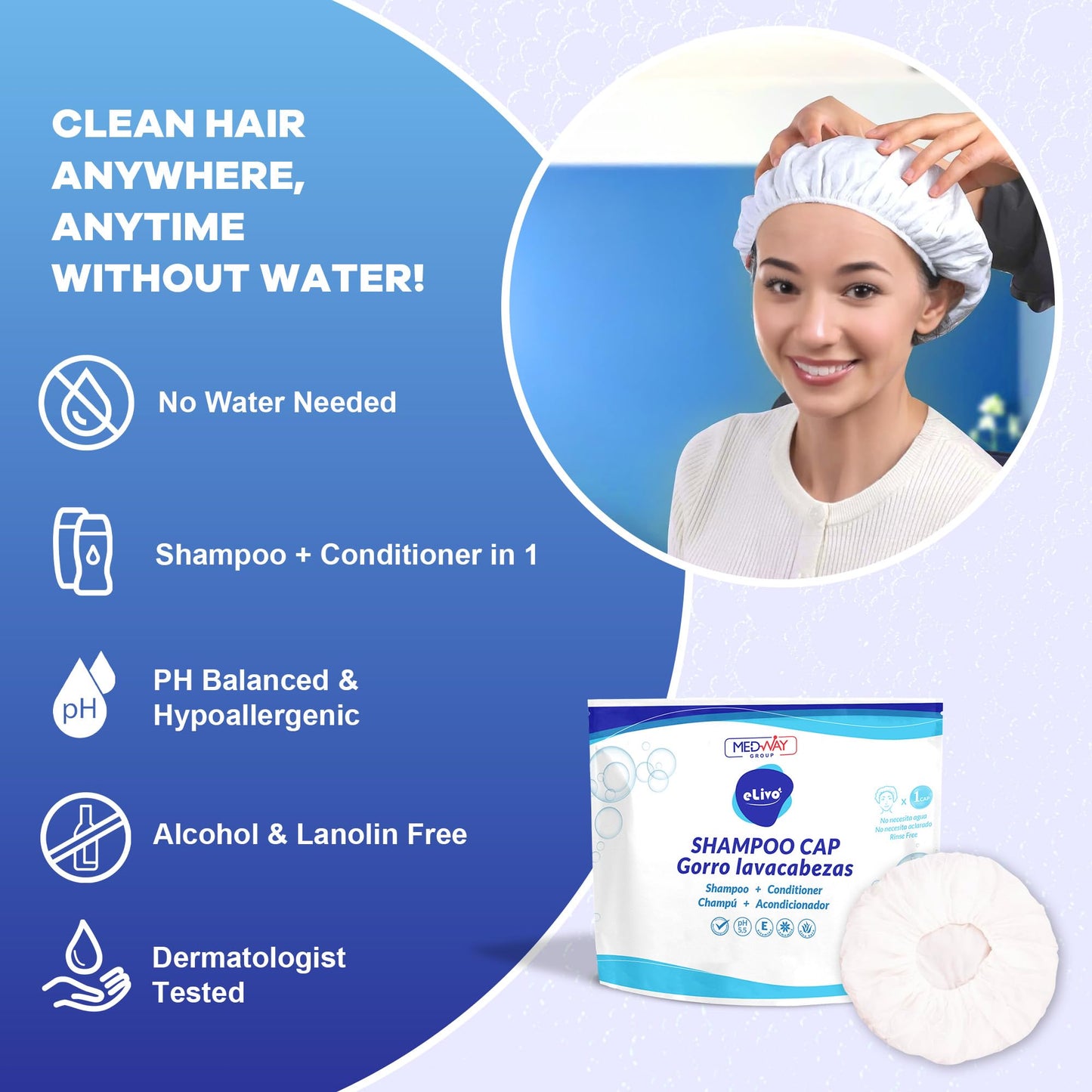 MedVance No Rinse Shampoo Cap | Rinse Free Shower Cap that Shampoos & Conditions | PH Balanced & Hypoallergenic Waterless Hair Wash | 1 Pack