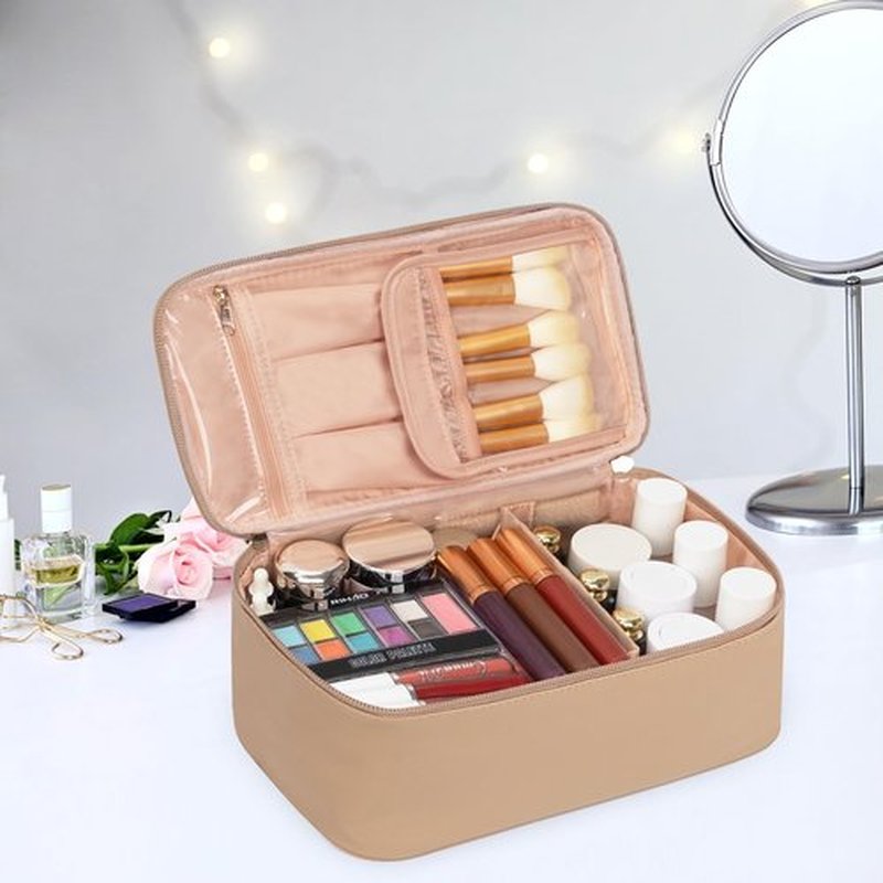 OCHEAL Makeup Bag, Travel Makeup Bag Waterproof Cosmetics Organizer Make Up Bag Case,Toiletry Bag for Women,Large Capacity for Girls Daily Use Dorm Room Storage with Dividers -Beige Apricot