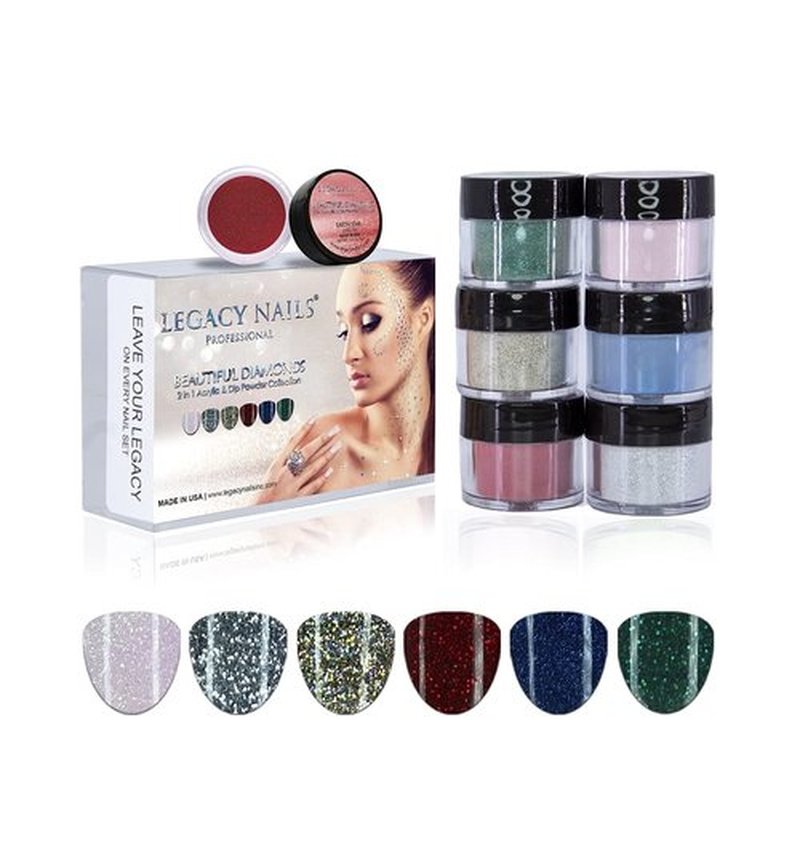 Legacy Nails Professional COLLECTION Acrylic Powder Kit 6 Colors Nail Art Set for Manicure DIY for Dip & Acrylic Nail Extensions (DIAMONDS COLLECTION)