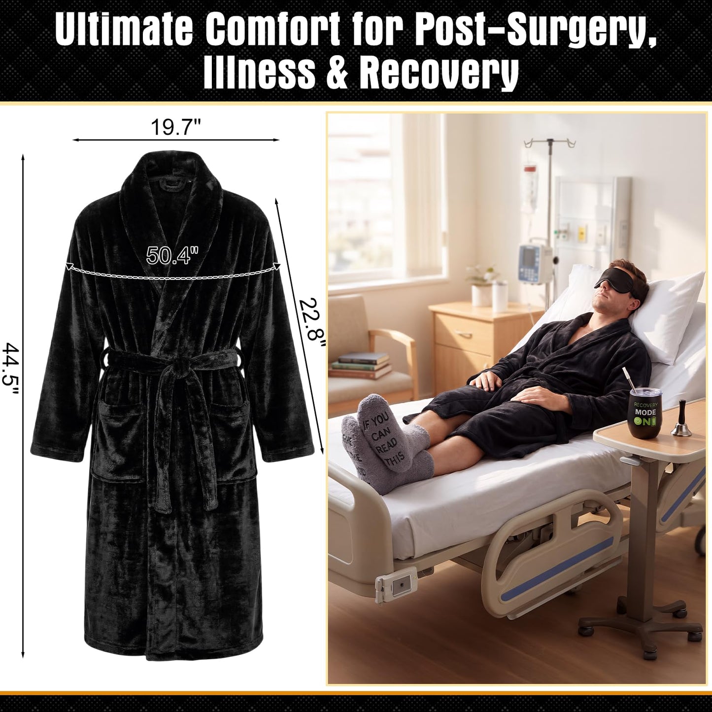 Patelai 6 Pack Get Well Soon Gifts Care Package for Men After Surgery, Unhooded Robe 12oz Tumbler Fuzzy Socks Funny Card Bell Get Well Soon Gift Basket for Dad Husband Recovery Chemo Care(Black)