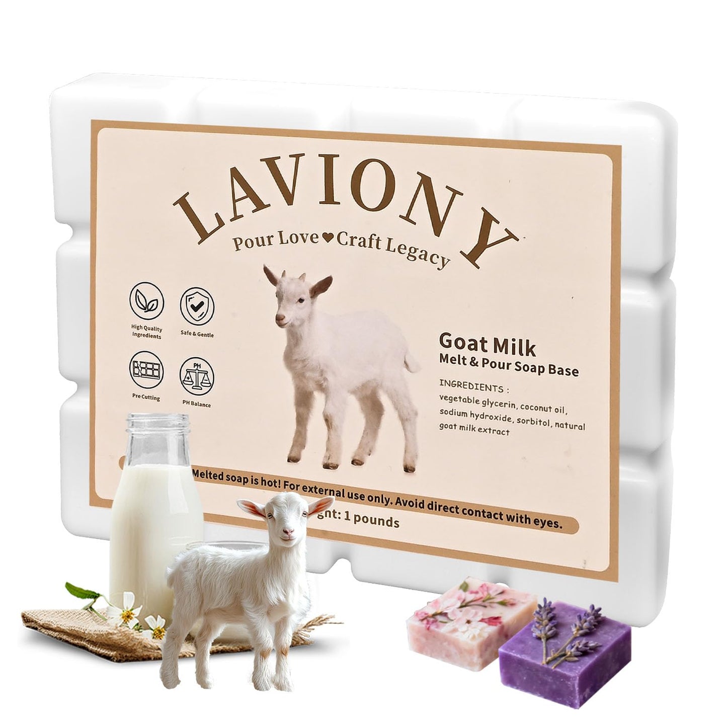 Soap Base - Moisturizing Melt Pour Soap Base, Pre-Cut, Sensitive Skin Safe, No Artificial Color or Fragrance, Vegan&Cruelty-Free, SLS/SLES Free, Organic Soap Base (16 Ounce (Pack of 1), Goat Milk)