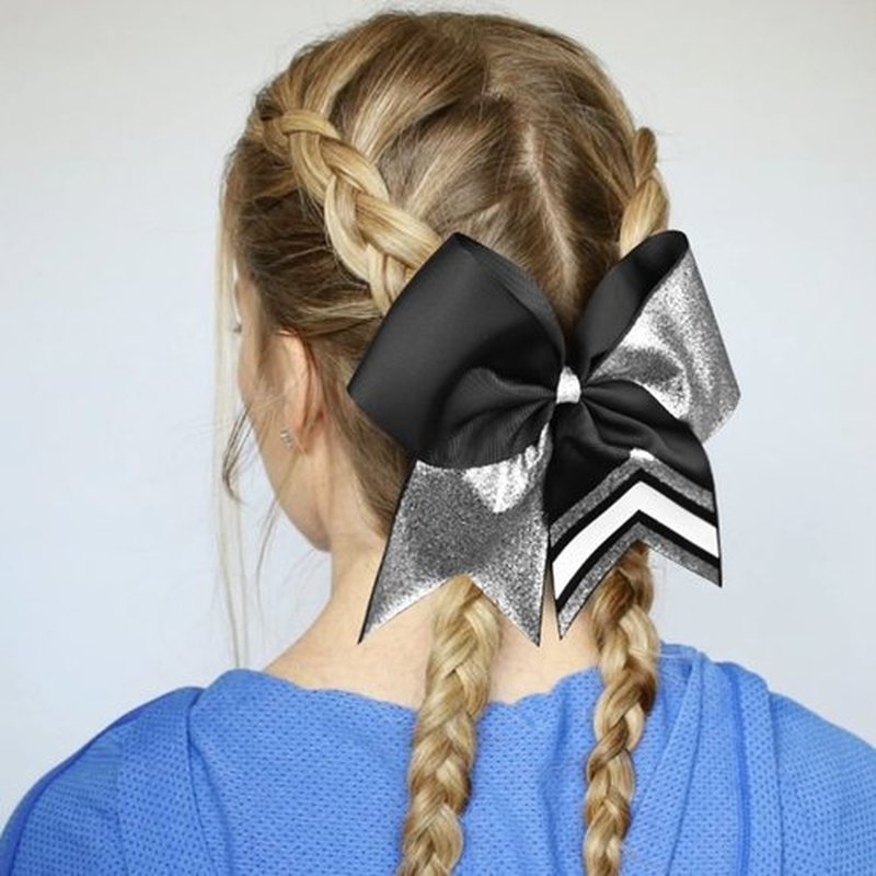 DEEKA 8PCS 8" Two Toned Large Glitter Cheer Bows Shiny Cheer Hair Bows Ponytail Holder Handmade for Cheerleader Girls Softball Sports -g Silver/Black