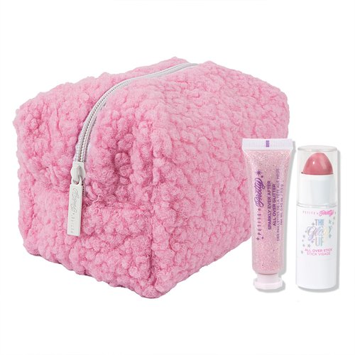 Petite N Pretty Glitter Makeup Set - Shimmering Glitter for Eyes, Cheeks, and Body - Glow Up Stick & All-Over Glitter in Pink Sherpa Bag for Kids, Teens, and Tweens (Pink)