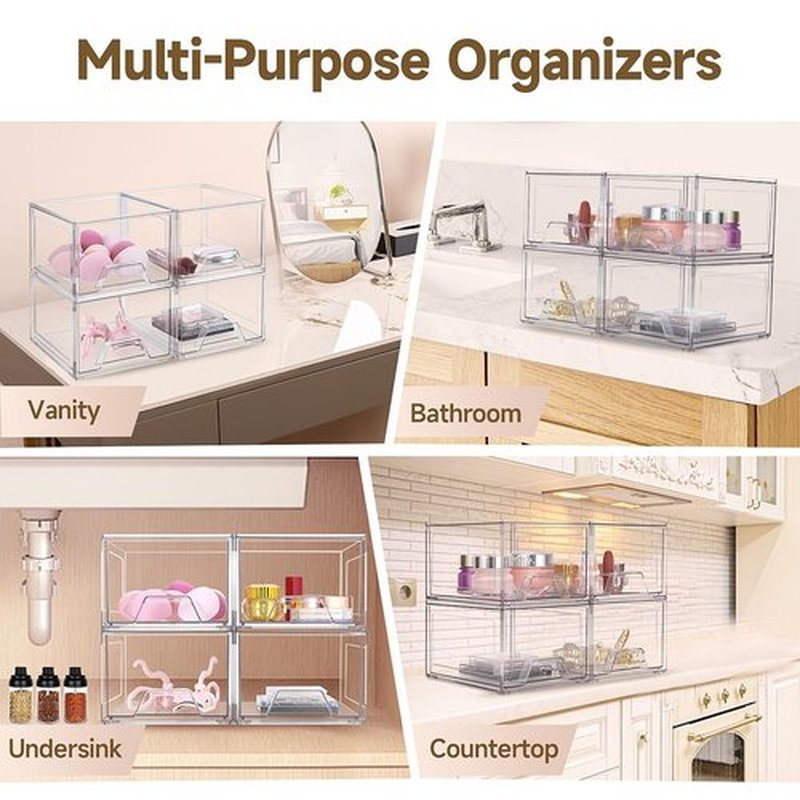 Damomo 4 Pack Stackable Organizer Drawers, Clear Bathroom Makeup Organizer and Storage, Acrylic Plastic Organizers Bins for Vanity, Undersink, Bathroom, Pantry, Kitchen Cabinets