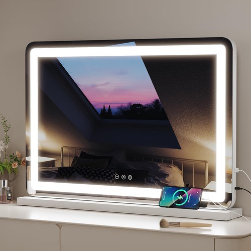 ZL ZELing Vanity Mirror with Lights 32" x 23" LED Makeup Mirror with Lights, Dimmable 3-Color Lighting and 5X Magnification Mirror, Touch Screen Control, Wall-Mountable and Tabletop Design